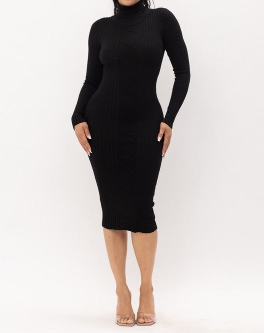 Luxe Ribbed Knit Sweater Dress (Black)